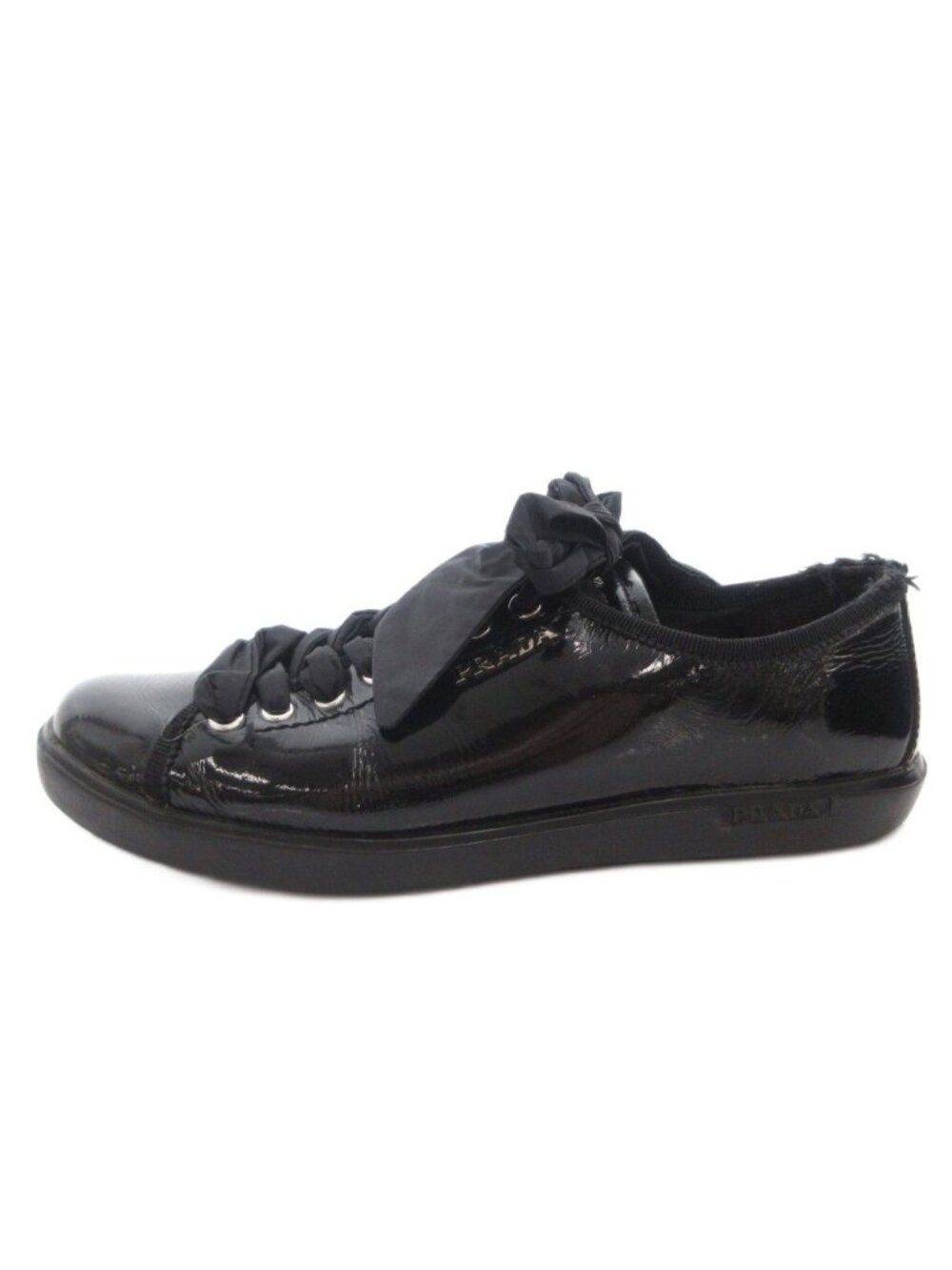 Prada Sport Sneakers Shoes Low-Cut Patent Lace Up Logo Black 37.5